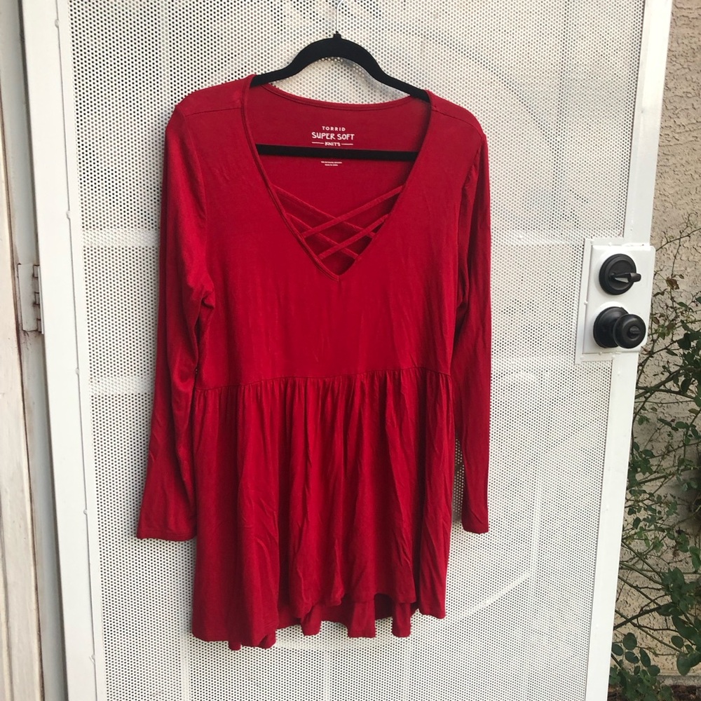 torrid Red Long-Sleeve Crisscross V-Neck Tunic Dress